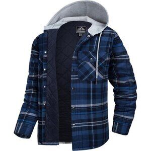Men's Quilted Lined Flannel Hoodie Jacket Cotton Button Down Shirt Jacket